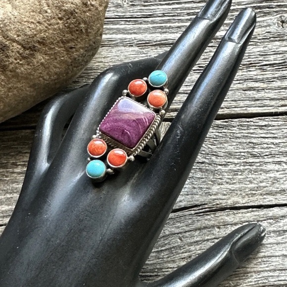 Navajo Sterling Silver Multi Stone Spiny Oyster Turquoise Ring Size 7.5 D Wylie - Picture 7 of 12